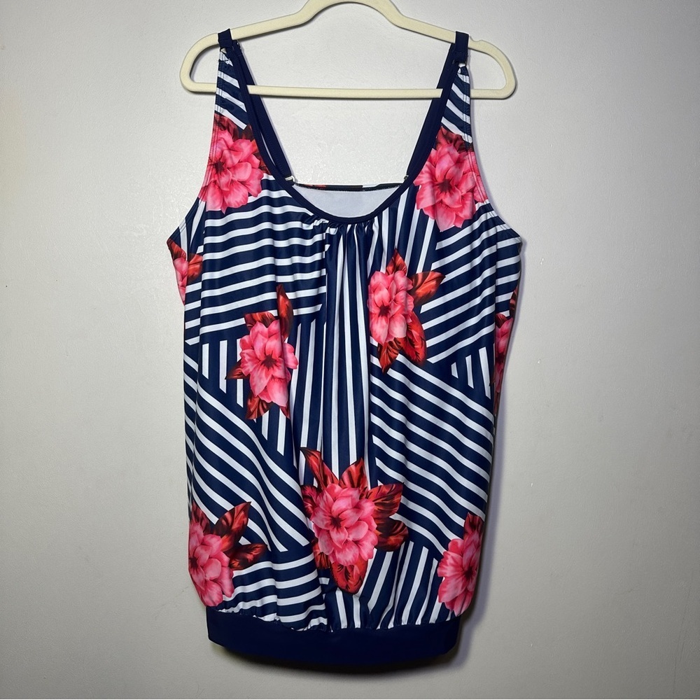 Tankini Navy Blue Striped Floral Scoop Neck Women’s Swimsuit Set Size 22W